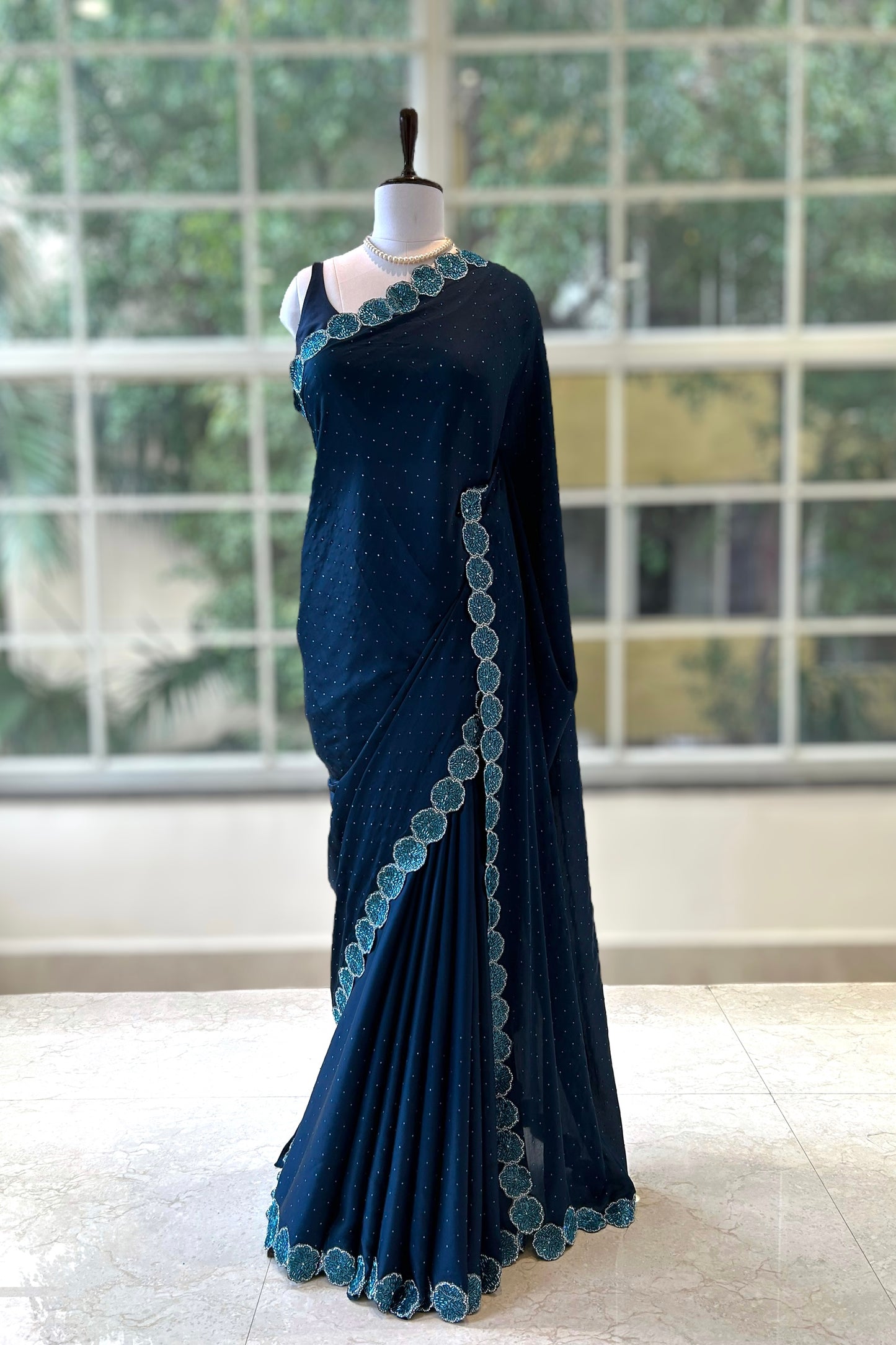 Navy blue sequins satin saree