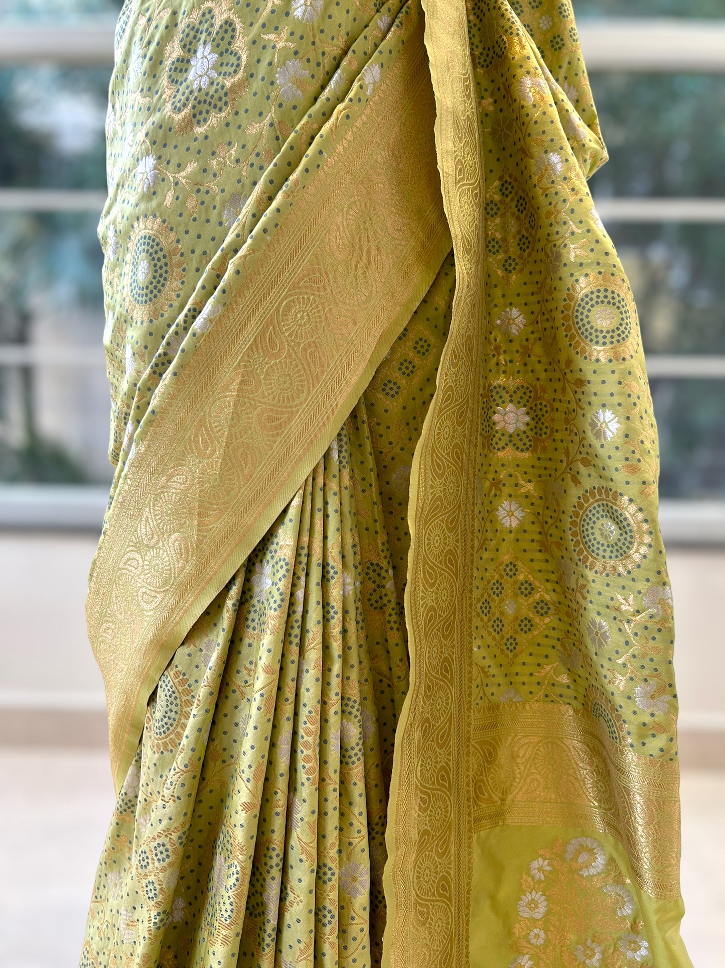 Lime green zariwork saree