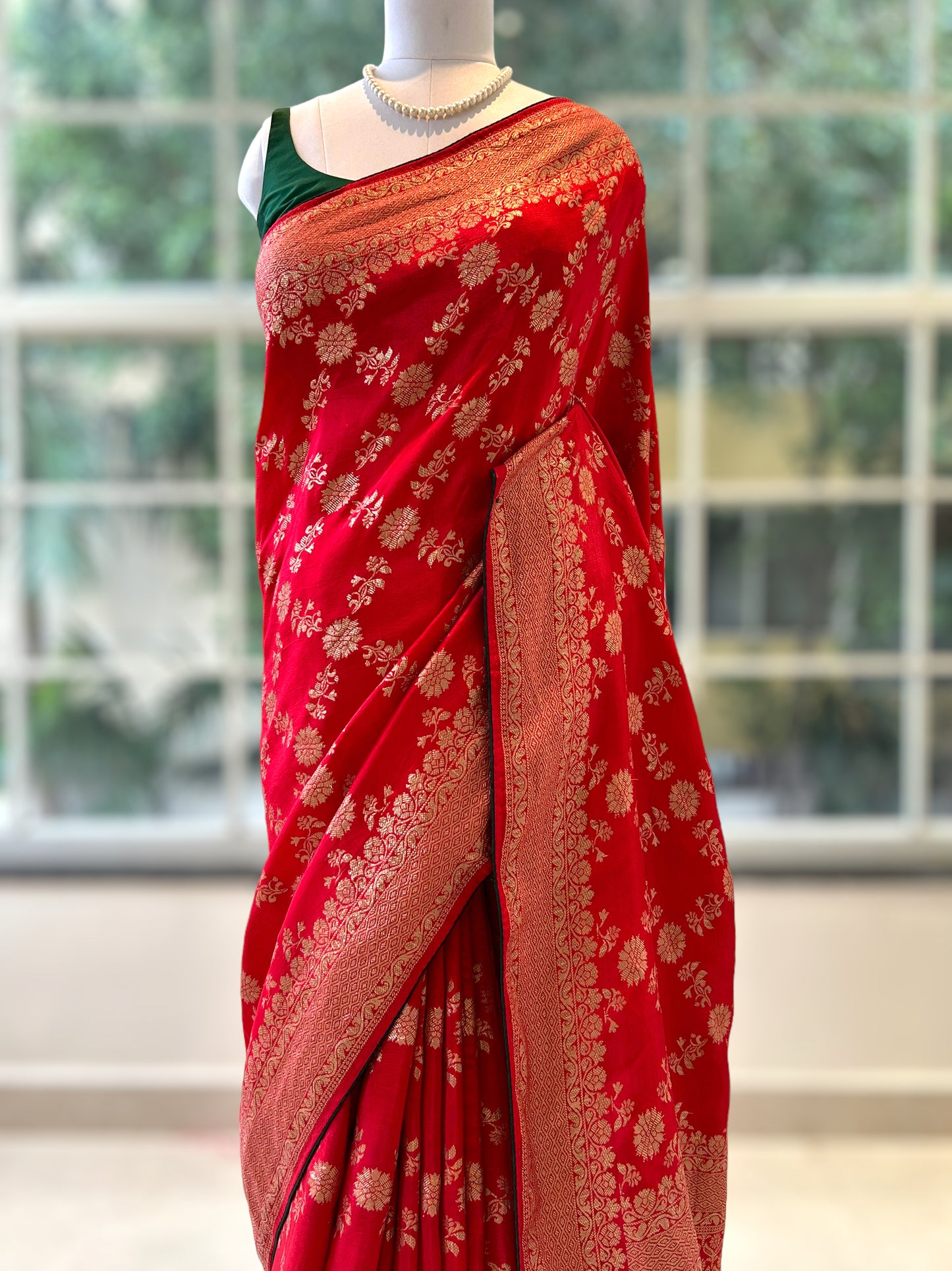 Red checks zari work saree