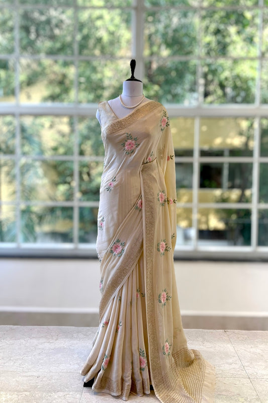 Beige pure marble chiffon saree