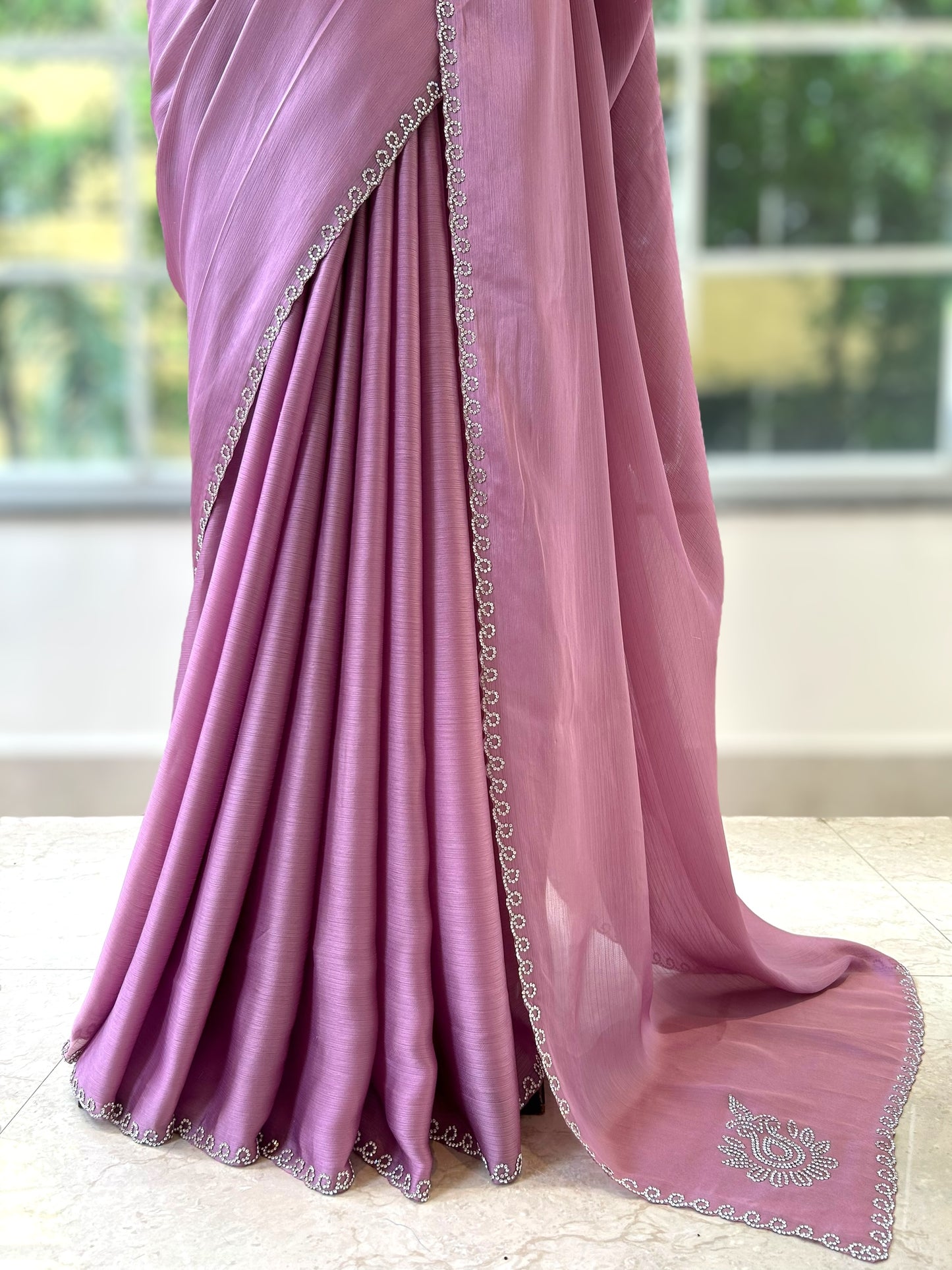 Pink swarovski embellished chiffon saree