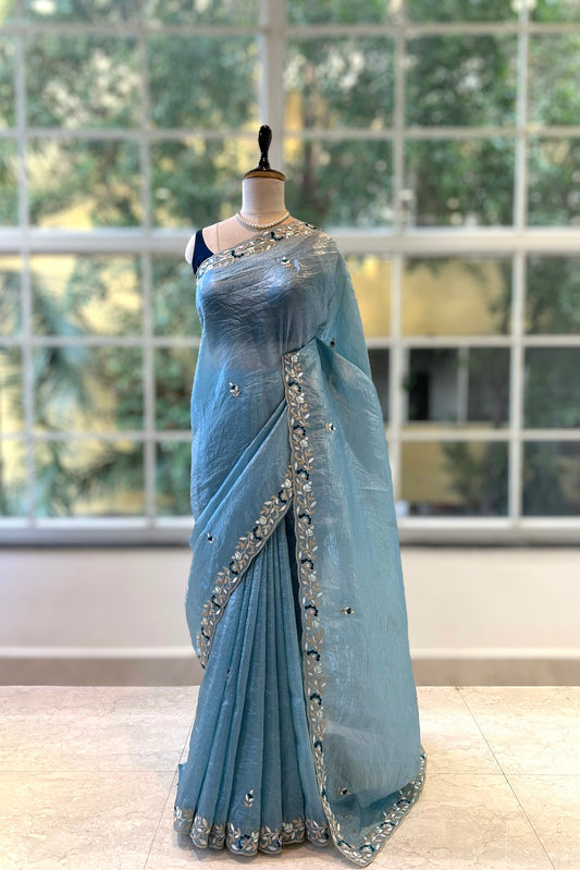 Embroidered crushed organza saree - Sky blue