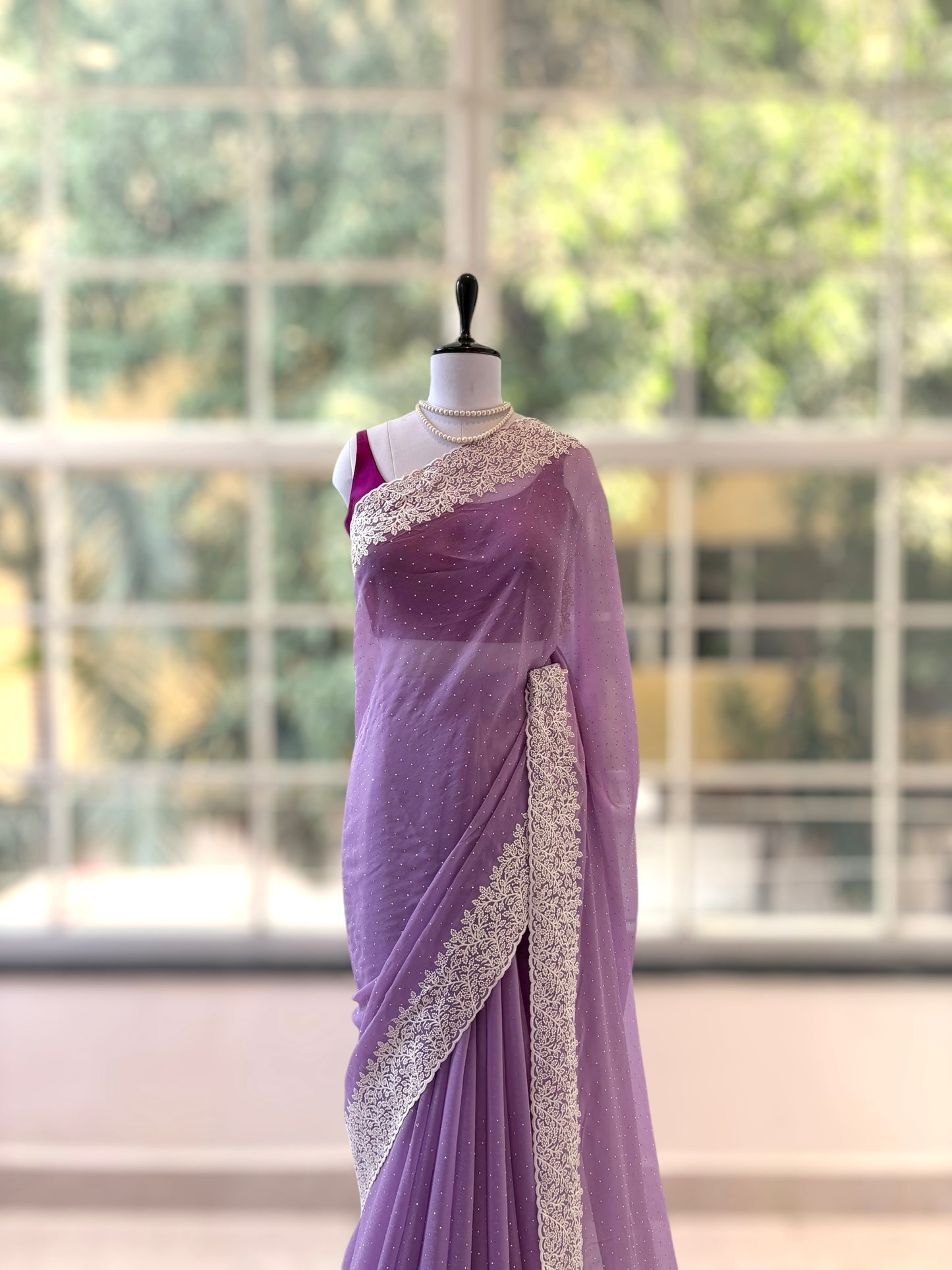 Chiffon threadwork saree - Lilac