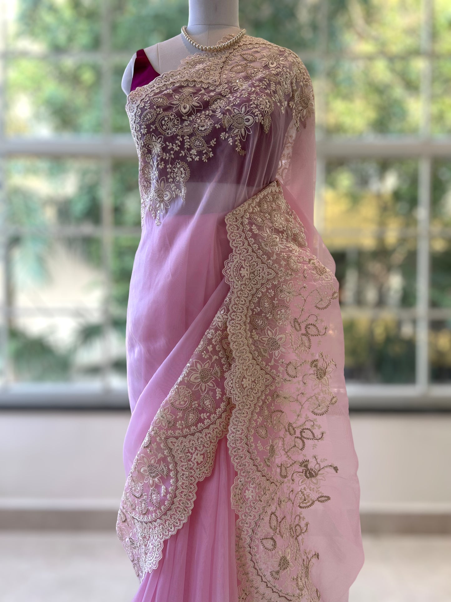 Organza zariwork saree - Pink