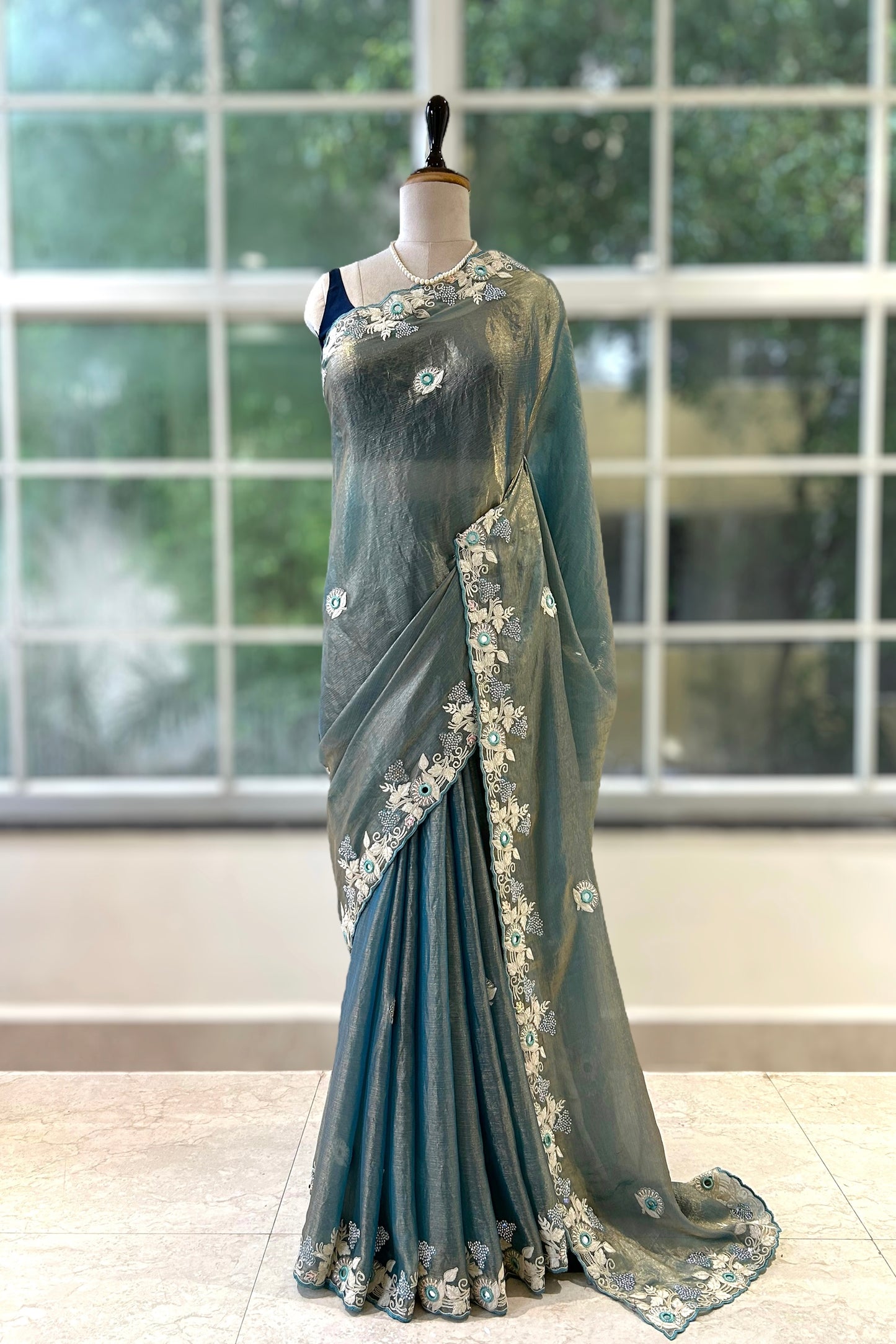 Soft shimmer chiffon embroidered saree - Golden blue