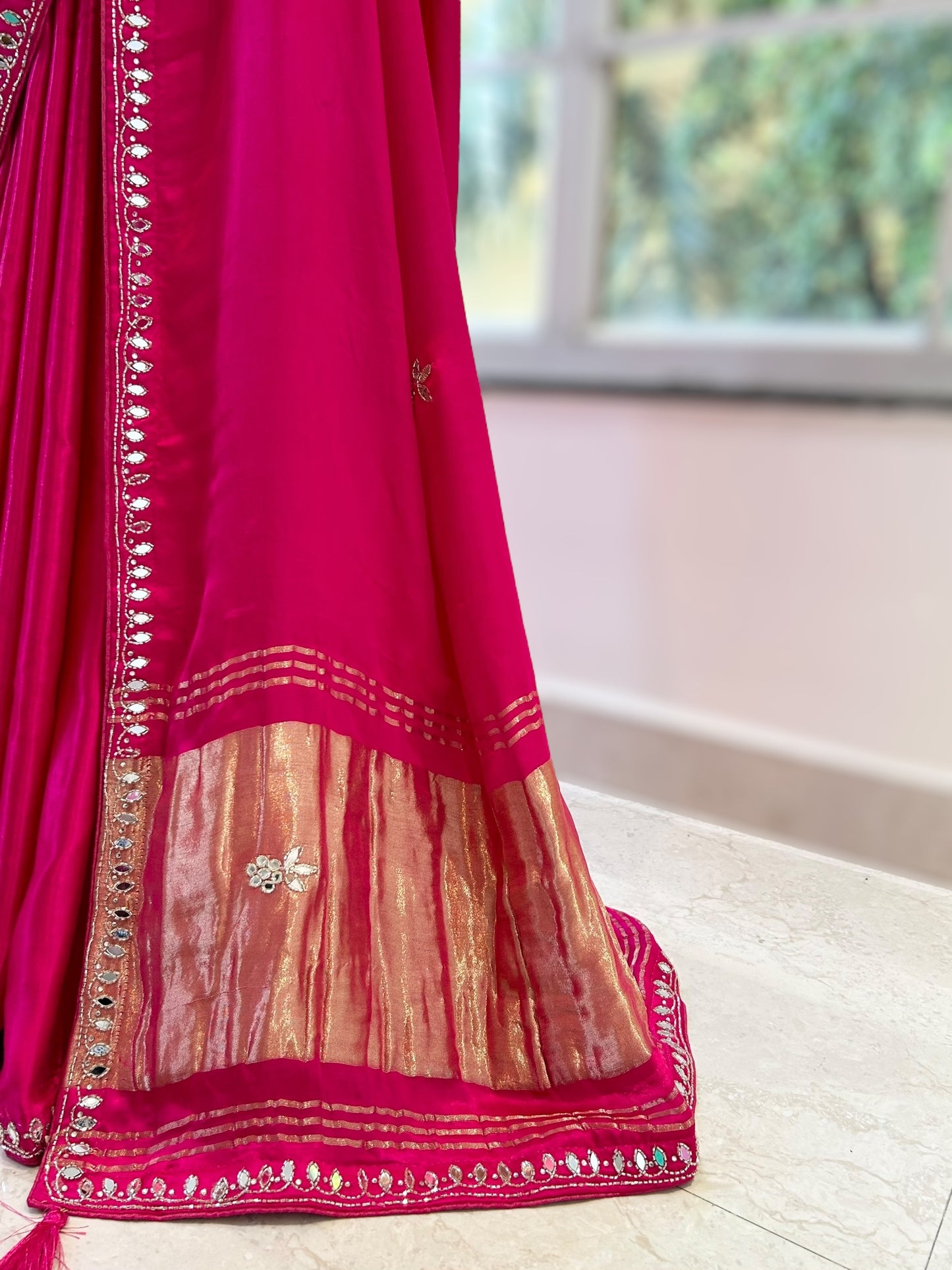 Modal satin mirror work saree - Pink