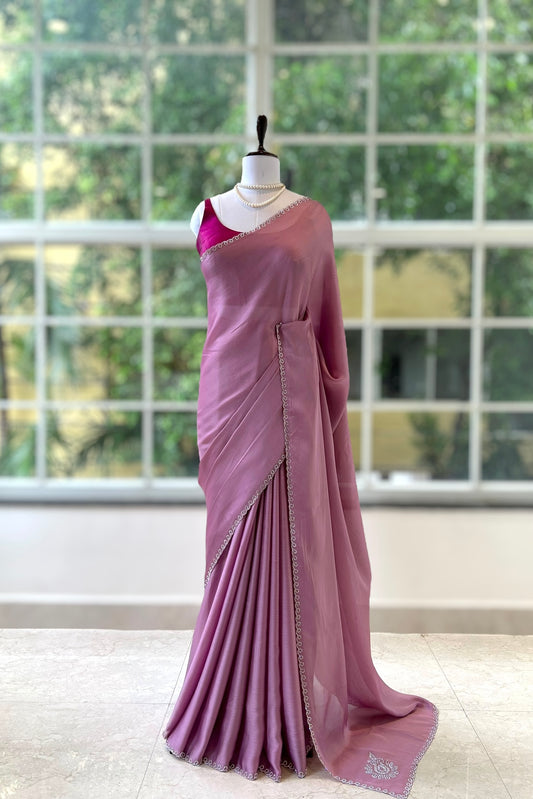 Pink swarovski embellished chiffon saree