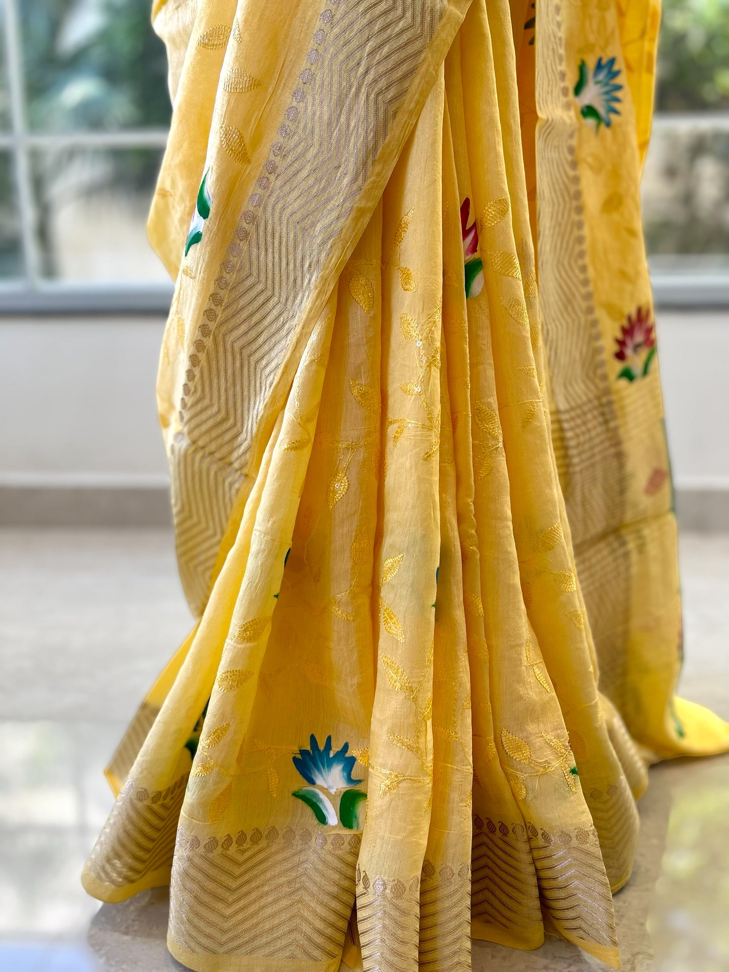 Yellow hand painted saree