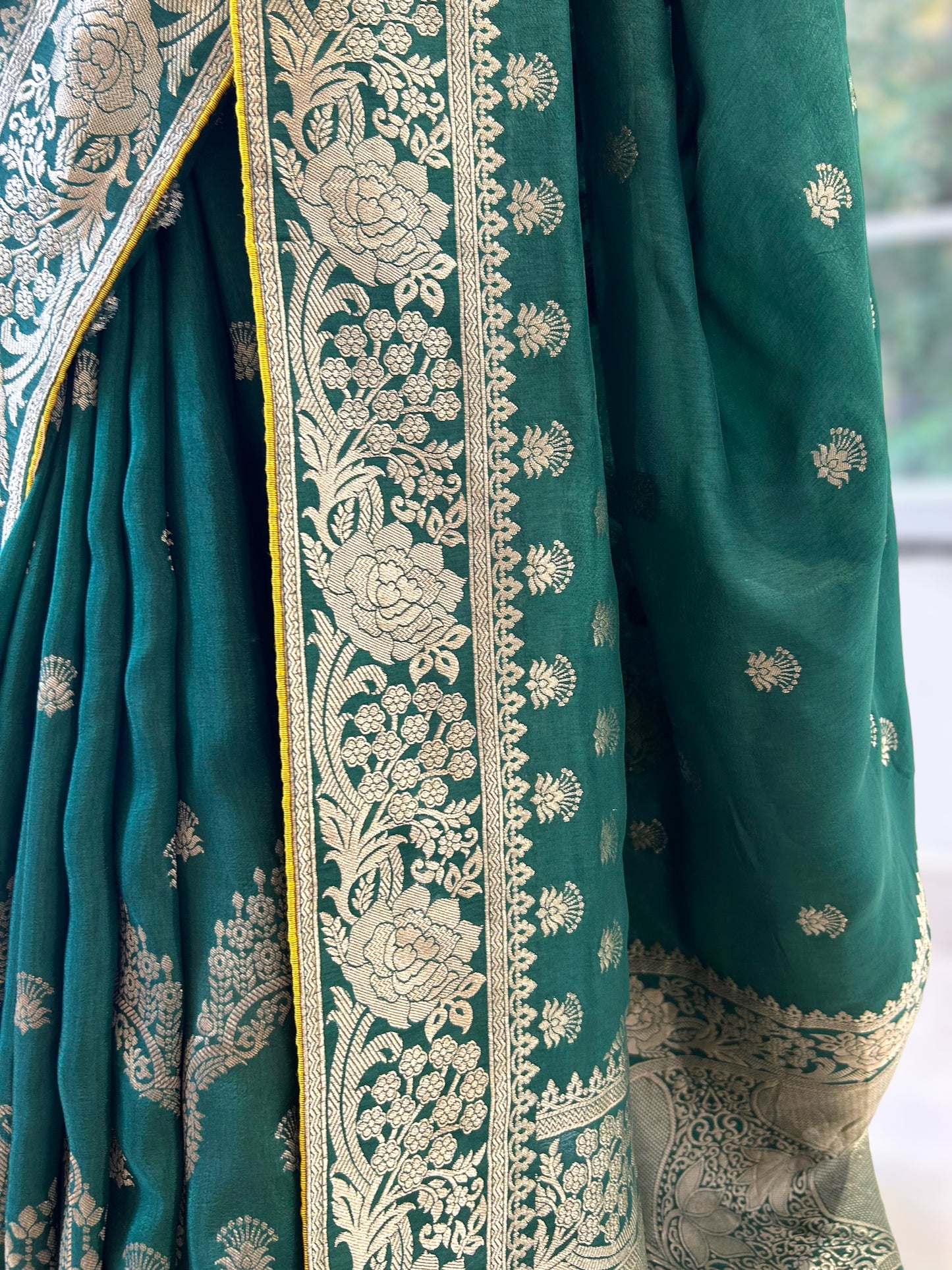 Bottle green zariwork saree