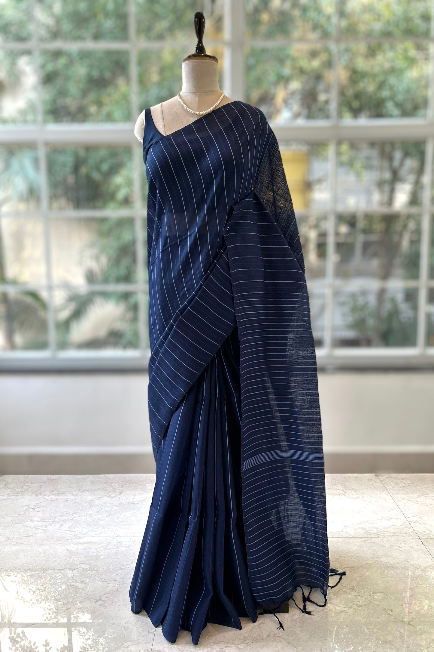 Navy blue handloom cotton saree