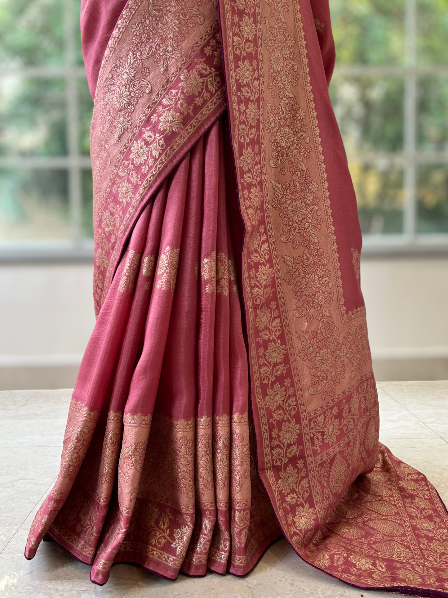 Rose gold pure dola silk saree