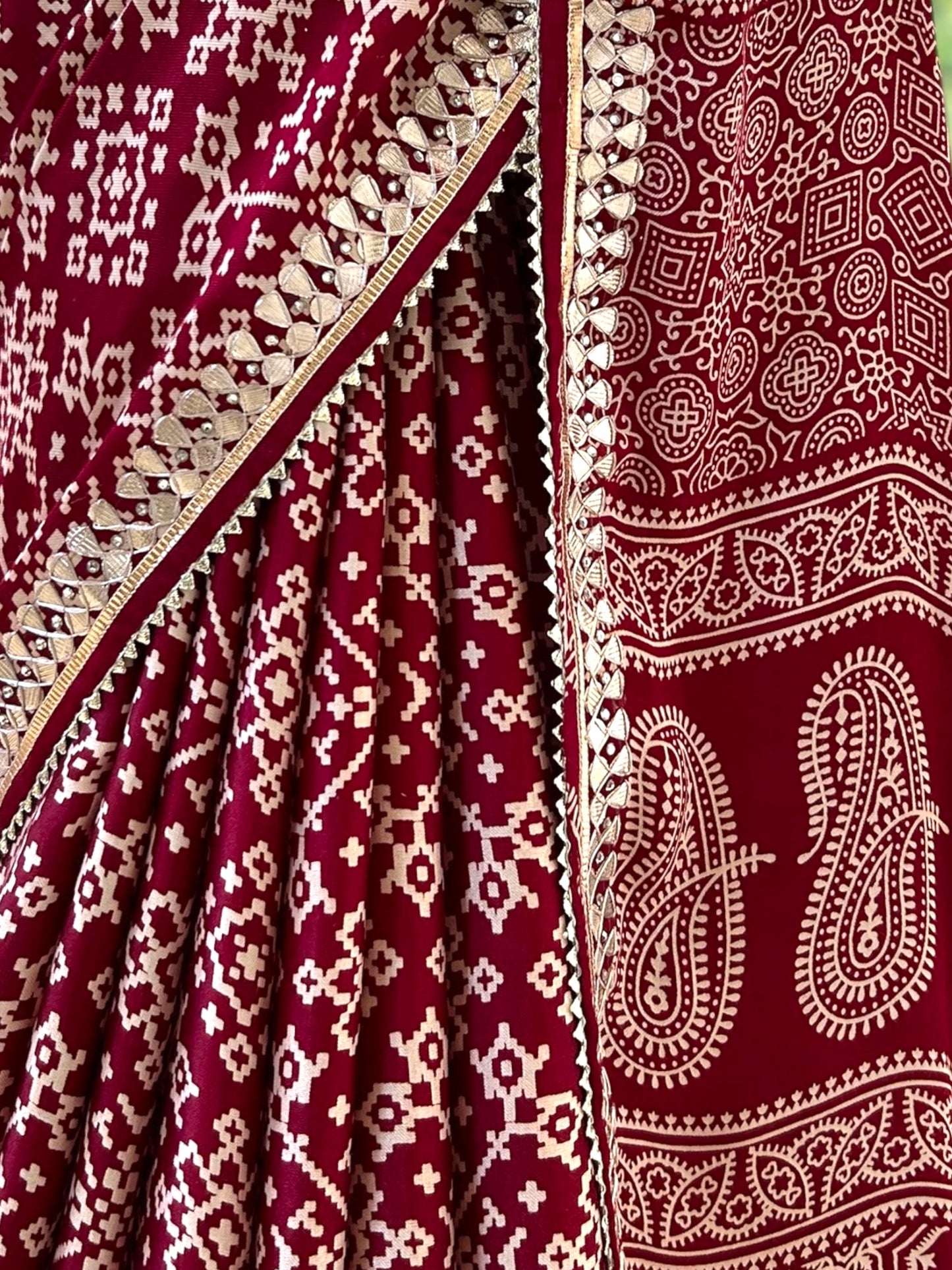 Ajrakh modal satin work saree - Maroon