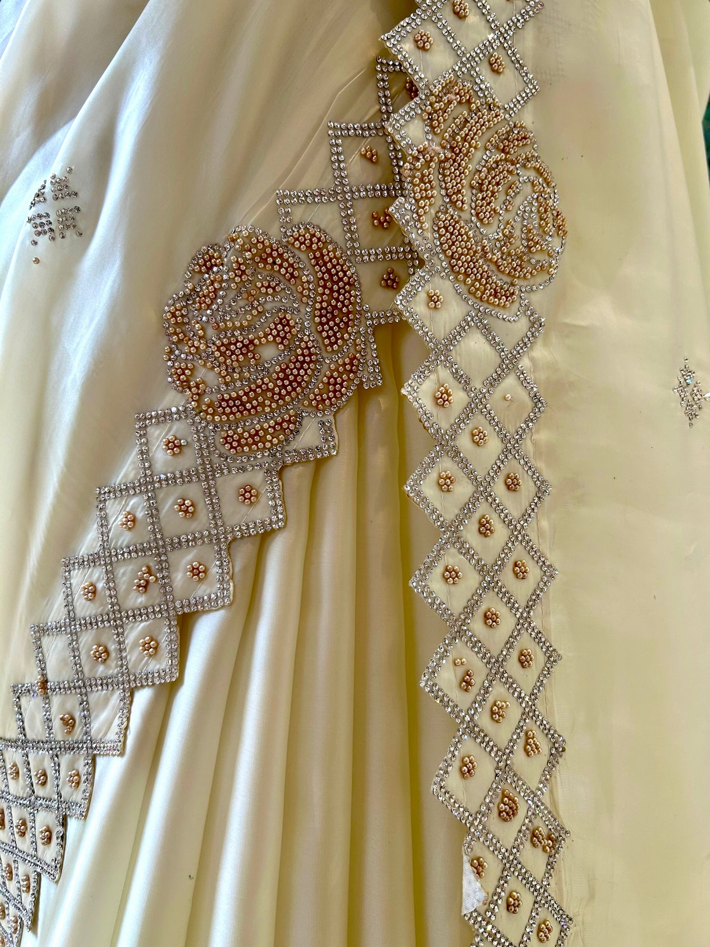 Cream rose embellished satin saree