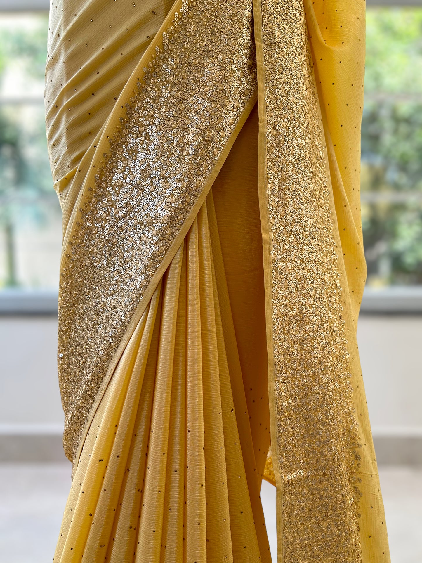 Chiffon sequins saree - Yellow