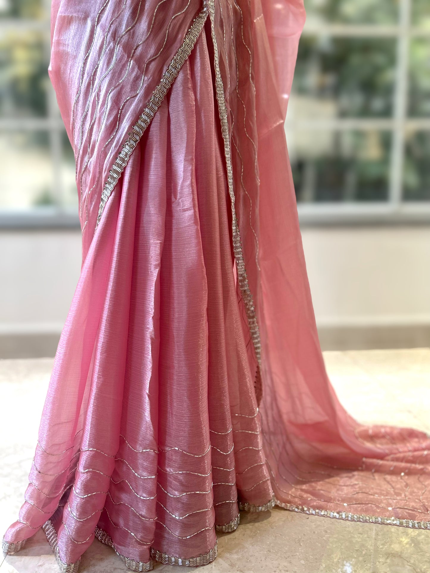 Shimmer chiffon cutwork saree - Soft Pink