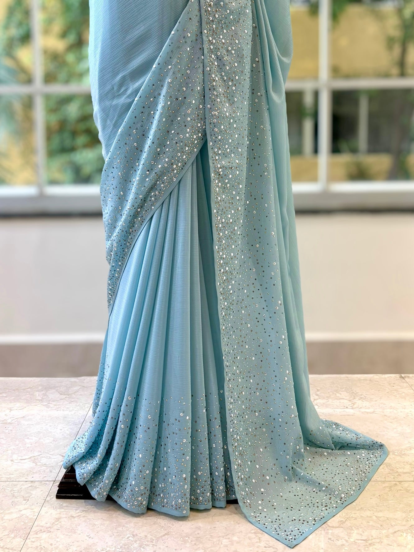 Starry sequins chiffon saree - Blue