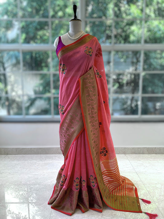 Cotton Embroidered Saree - Pink