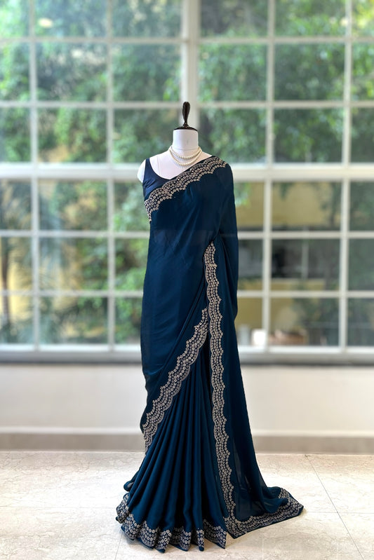 Scallop embellished chiffon saree - Teal Blue