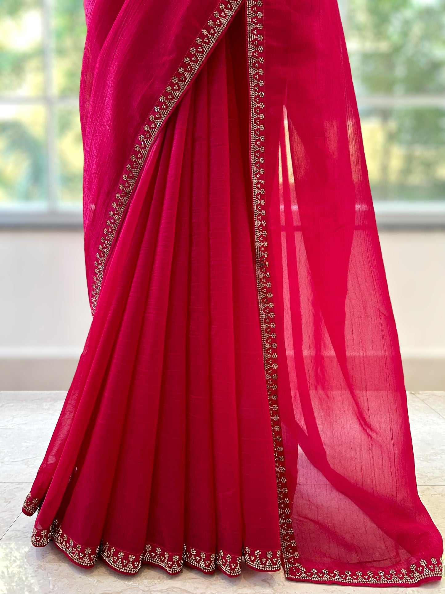 Crimson swarovski embellished chiffon saree