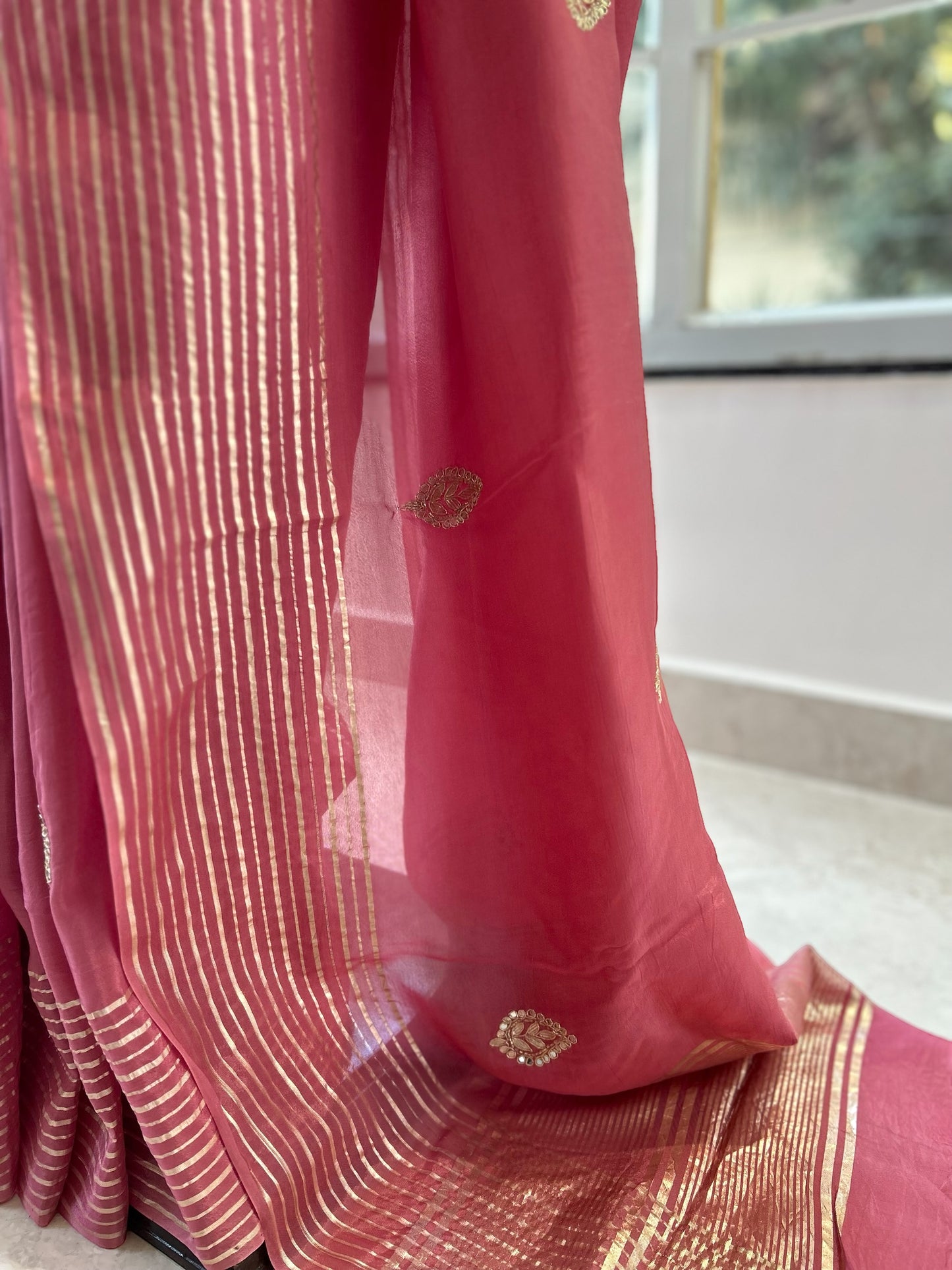 Pastel pink organza saree