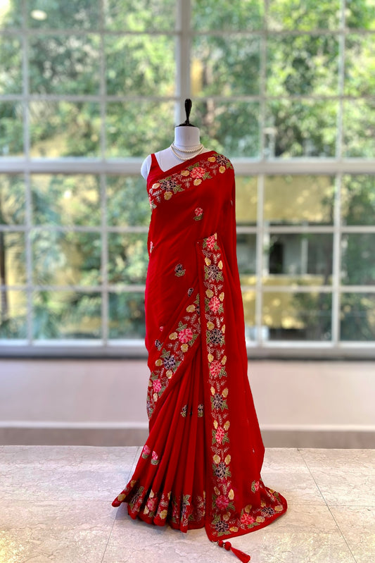 Red pure chiffon floral saree