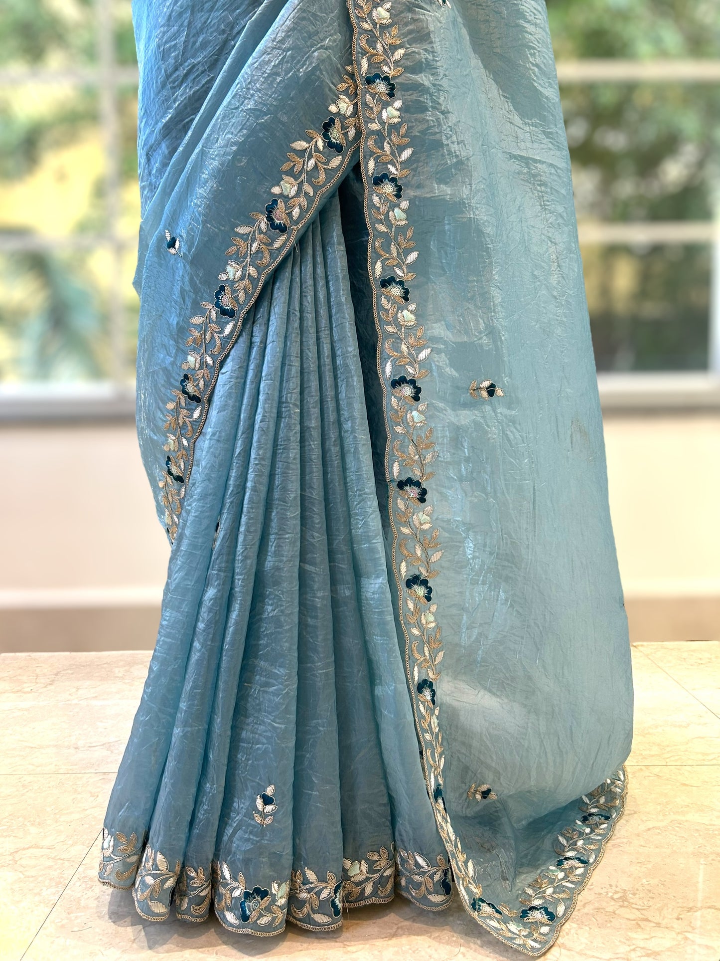 Embroidered crushed organza saree - Sky blue