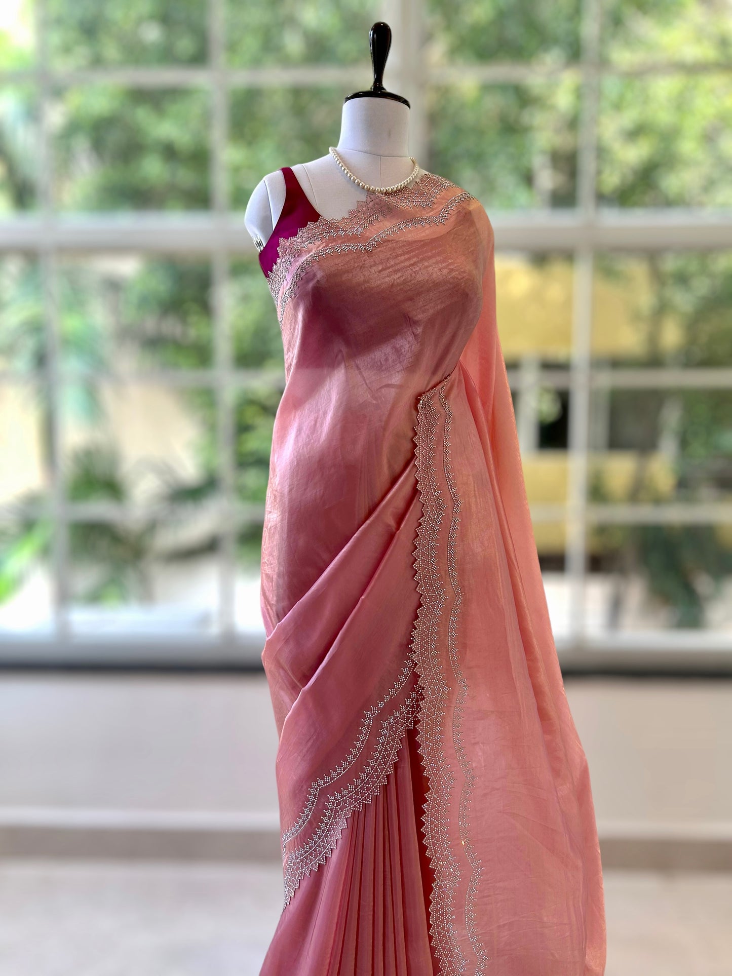 Rose gold embellished organza saree