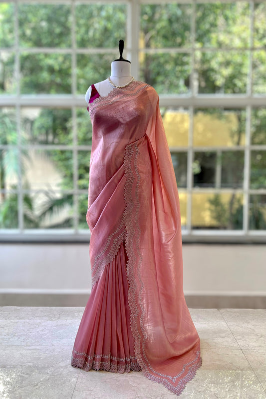 Rose gold embellished organza saree