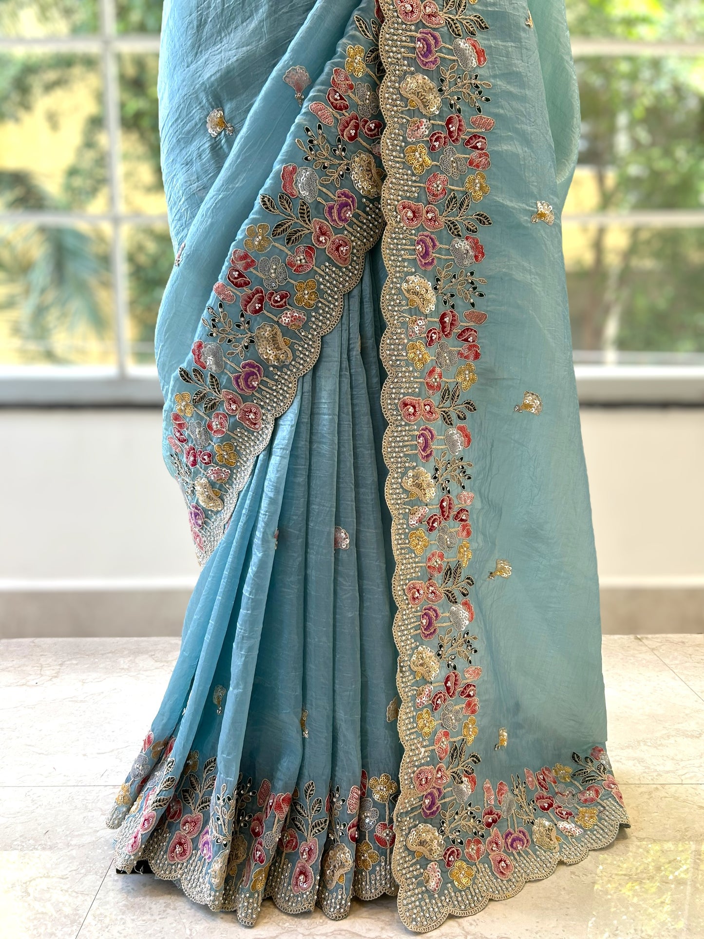 Pearl embroidered organza saree - Sky Blue