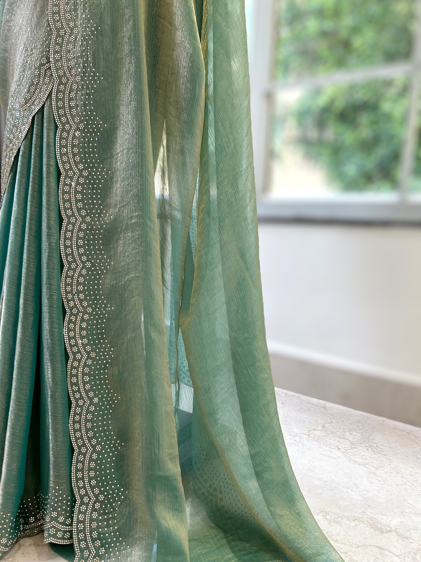 Emerald green shimmer chiffon saree