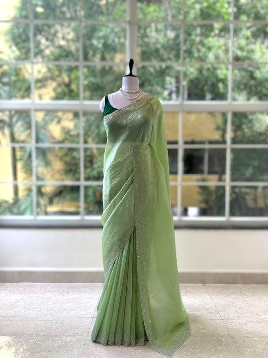 Soft crushed organza saree - Green