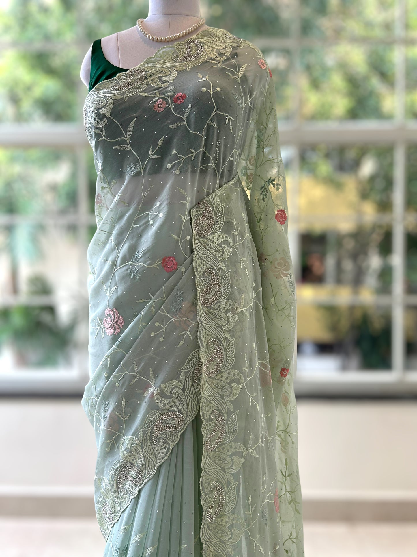 Sea green georgette saree