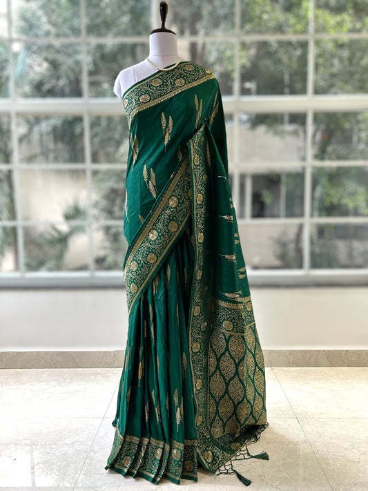 Bottle green soft silk saree