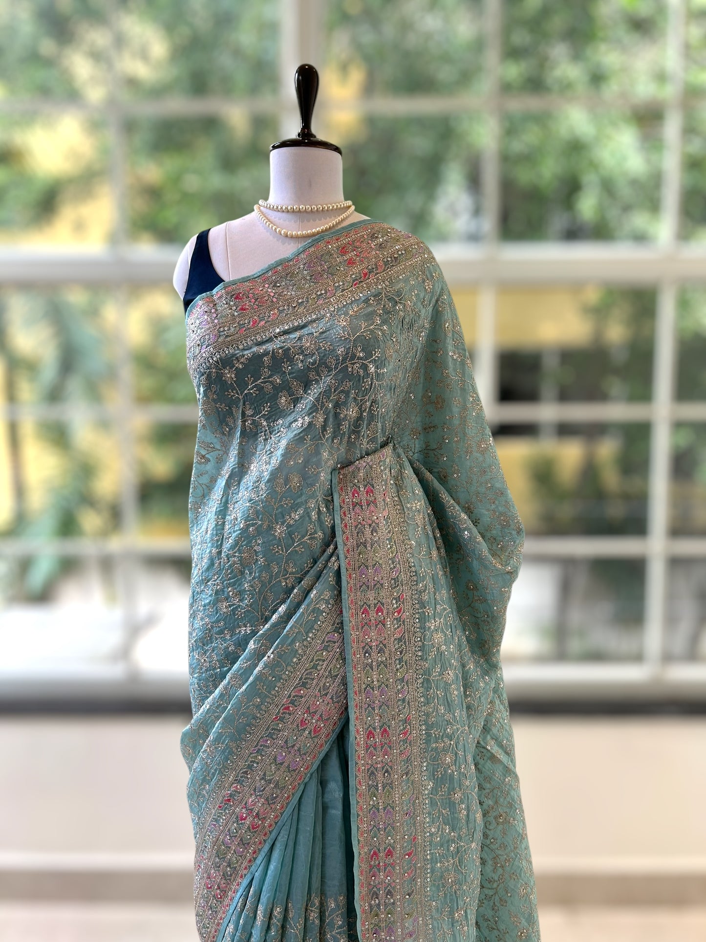 Soft organza work saree - Blue