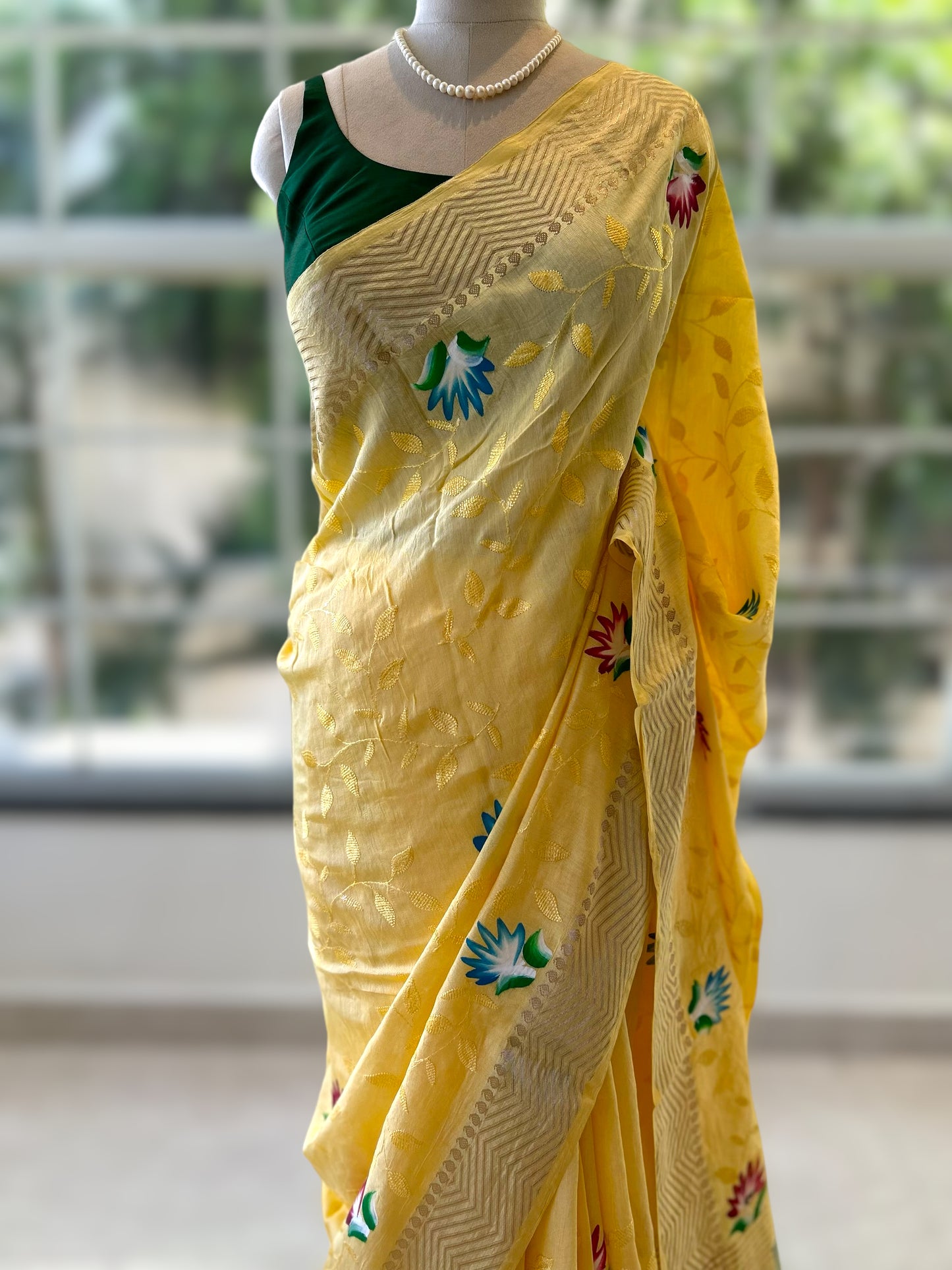 Yellow hand painted saree