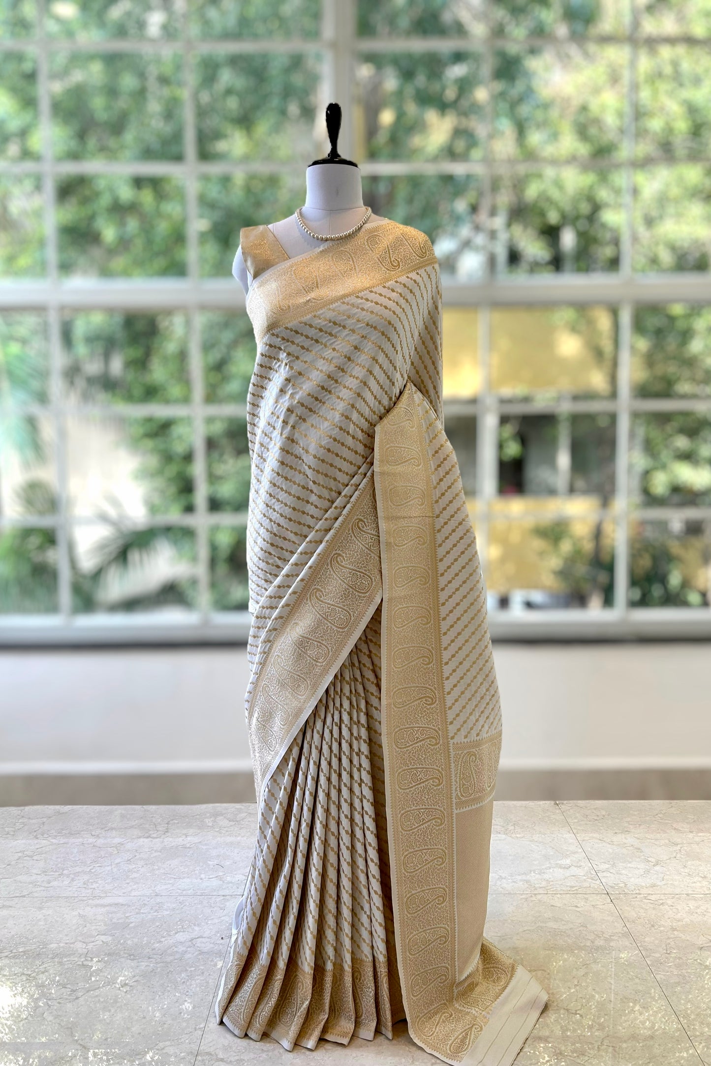 White and gold soft silk saree