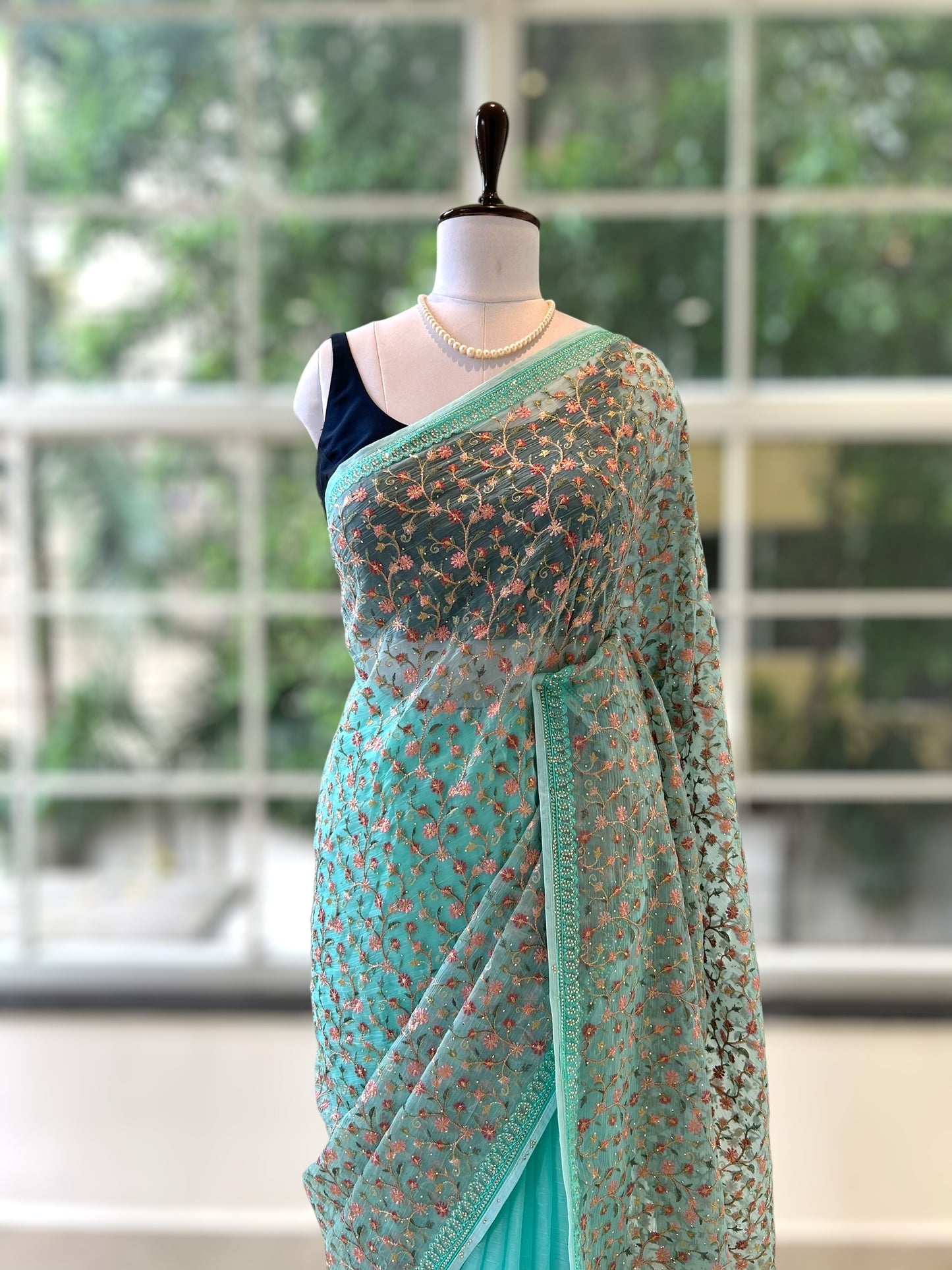 Floral embroidered chiffon saree - Blue