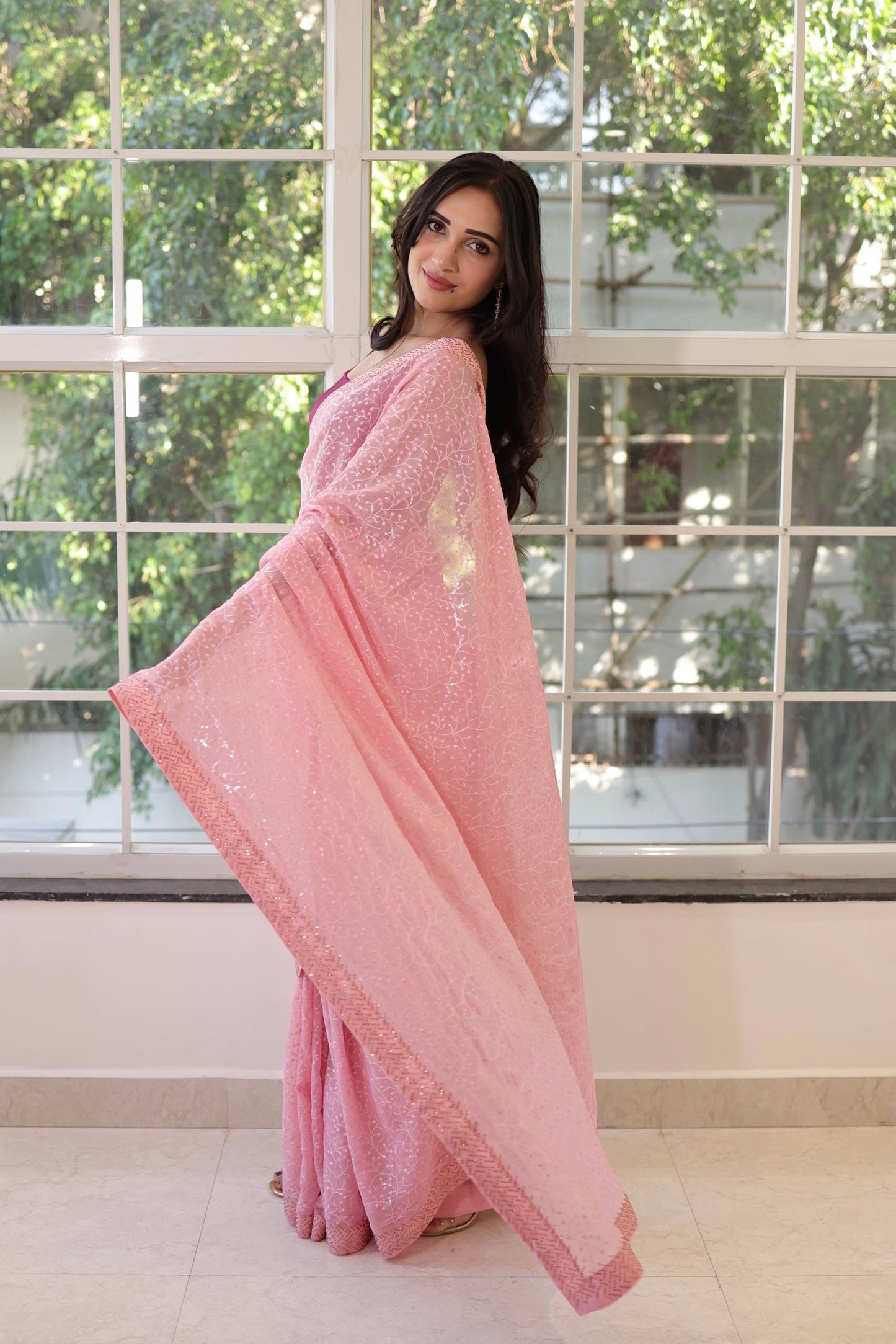 Pink georgette sequins embroidered saree