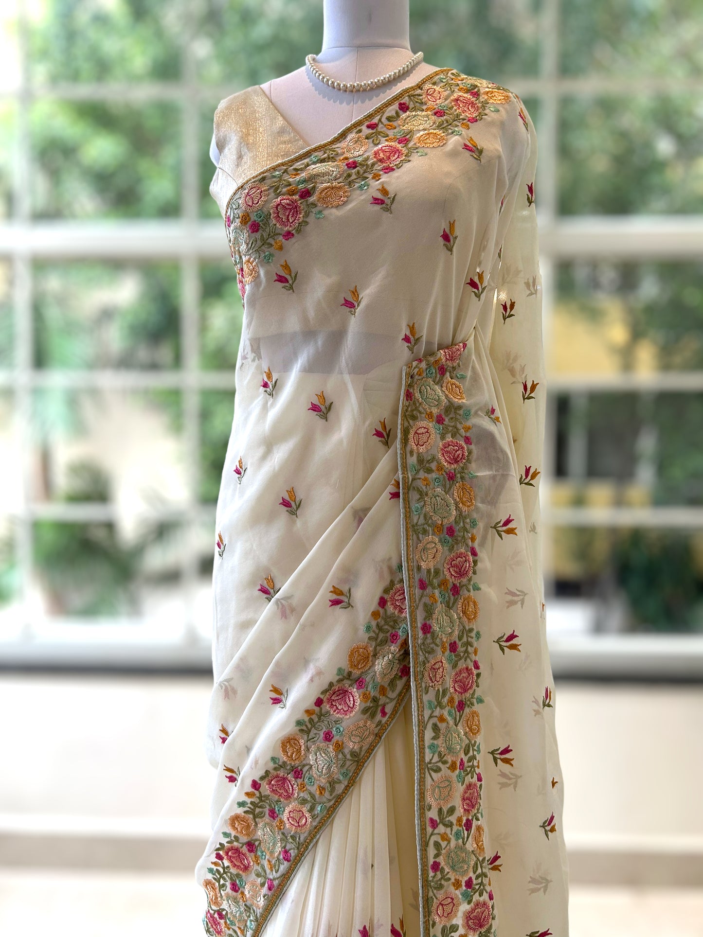 Georgette floral embroidered saree - White