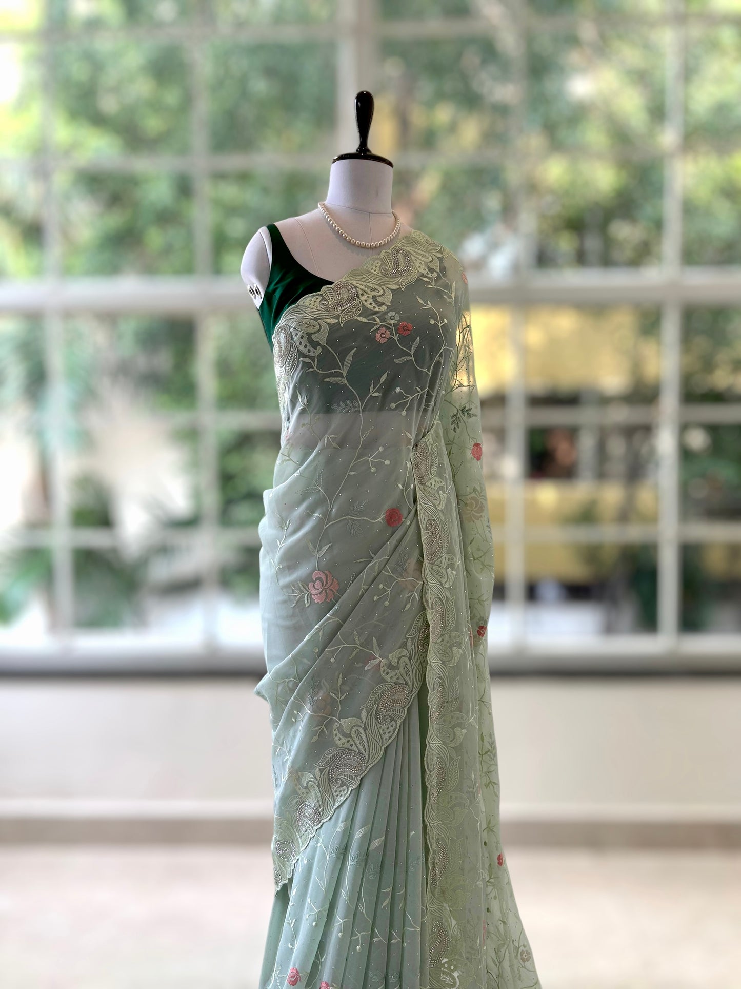 Sea green georgette saree