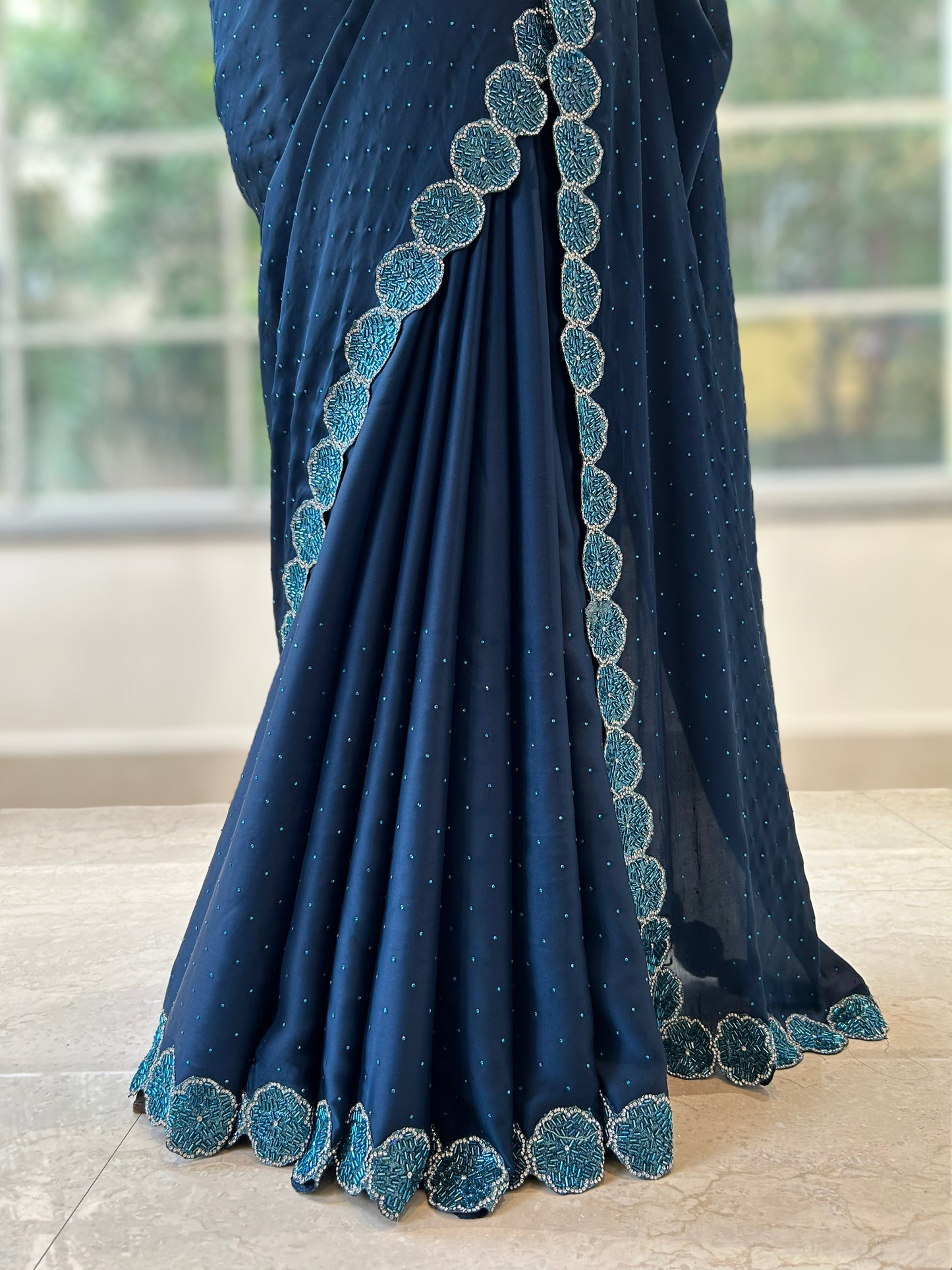 Navy blue sequins satin saree