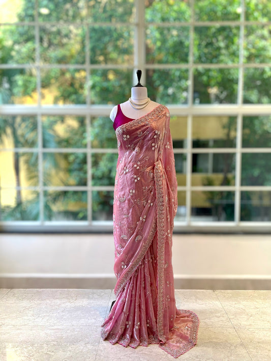 Pure shimmer organza embellished saree - Pink