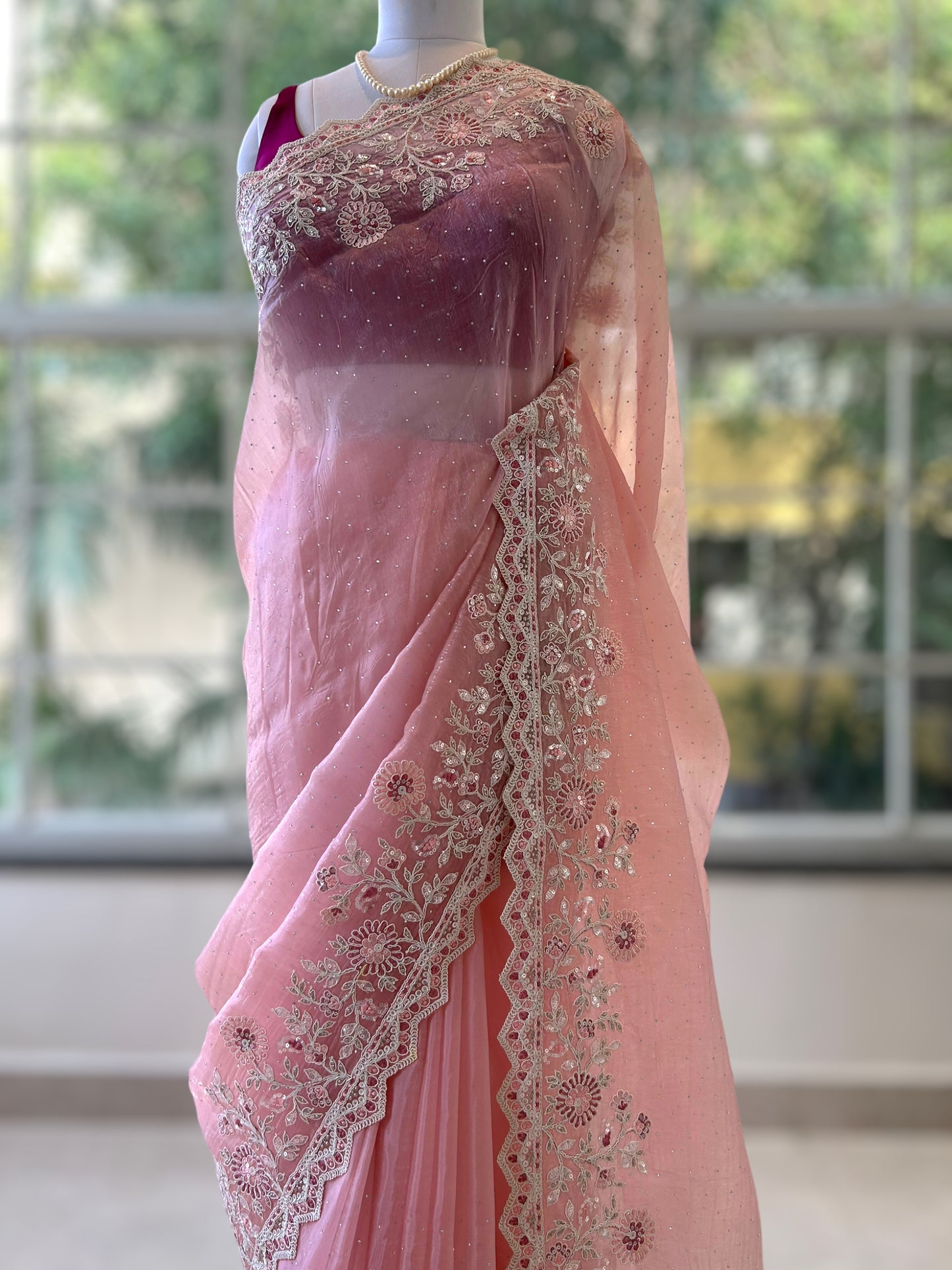 Baby pink threadwork organza saree