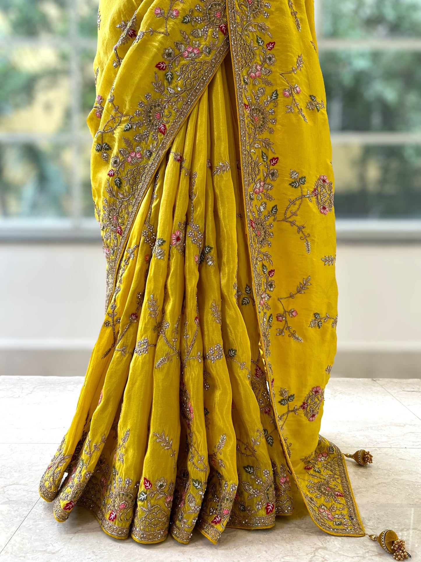 Yellow pure silk saree