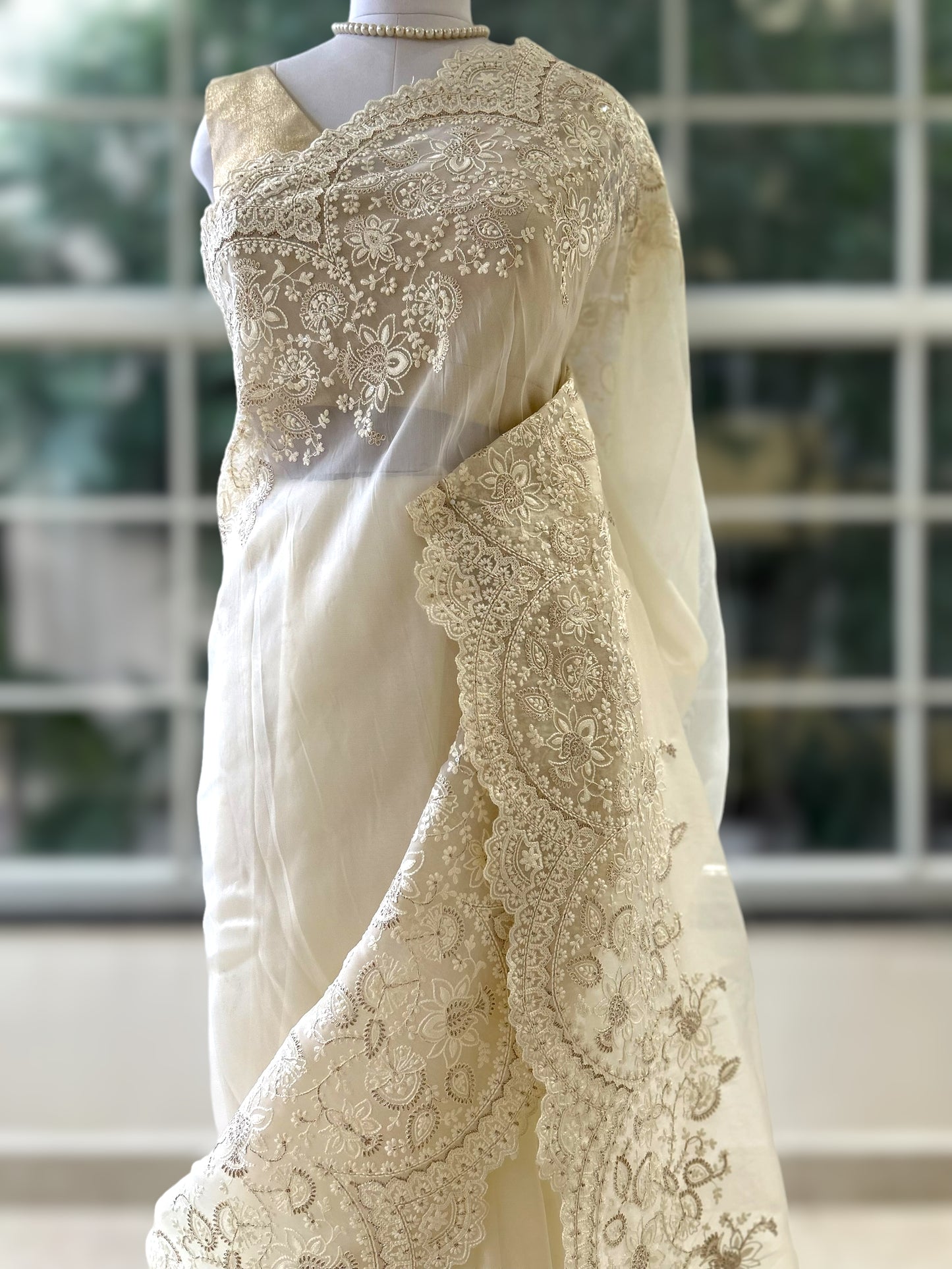 Organza zariwork saree - White