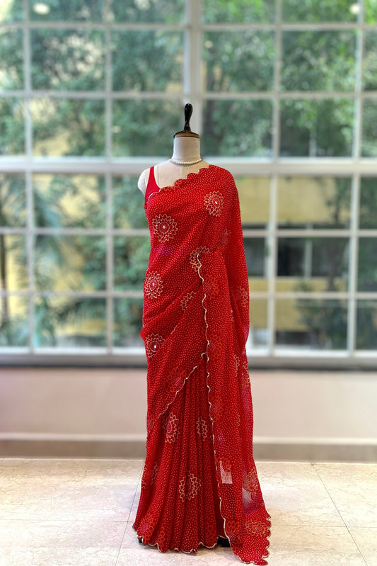 Georgette bandhani scallop saree - Red