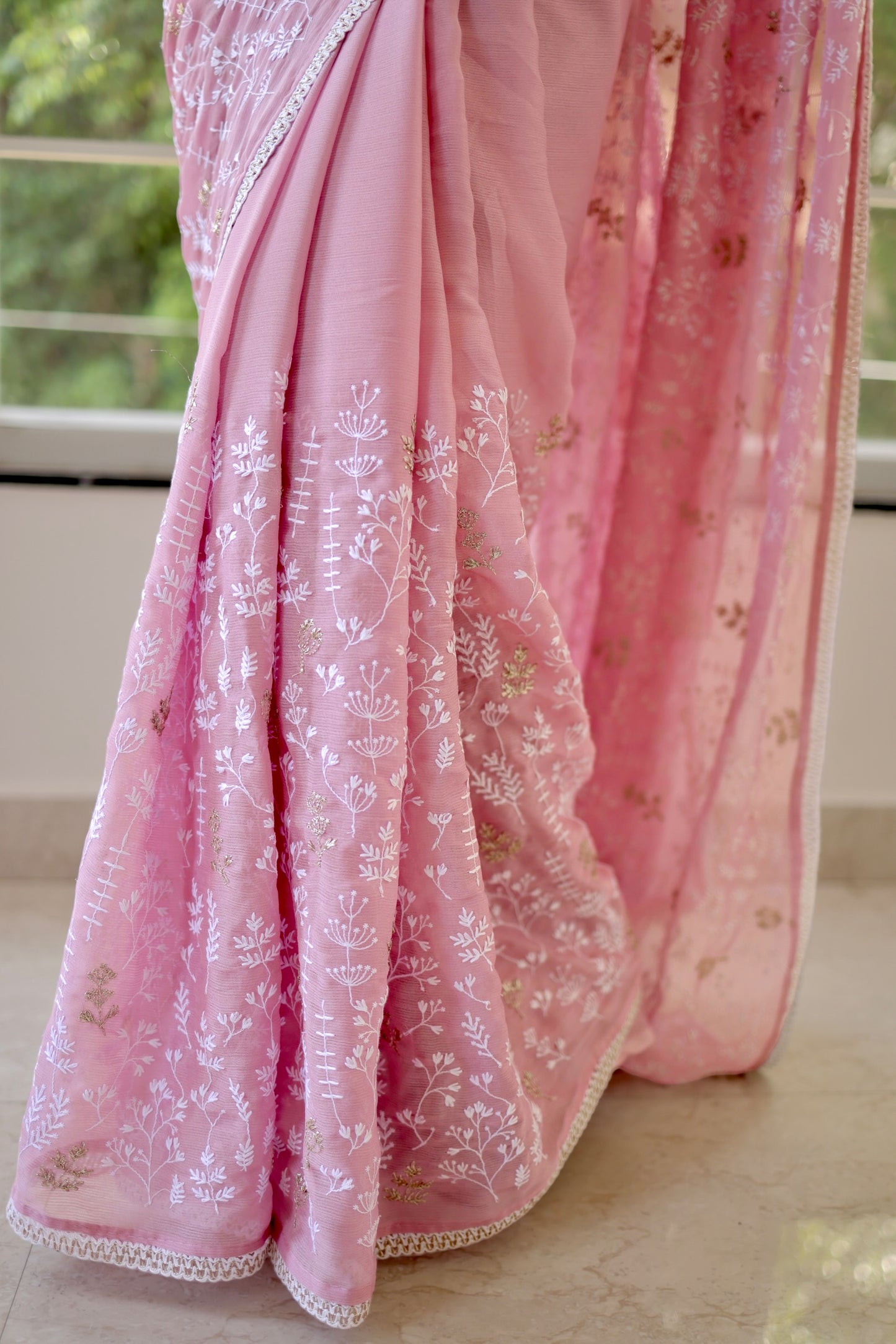 Pink chiffon saree