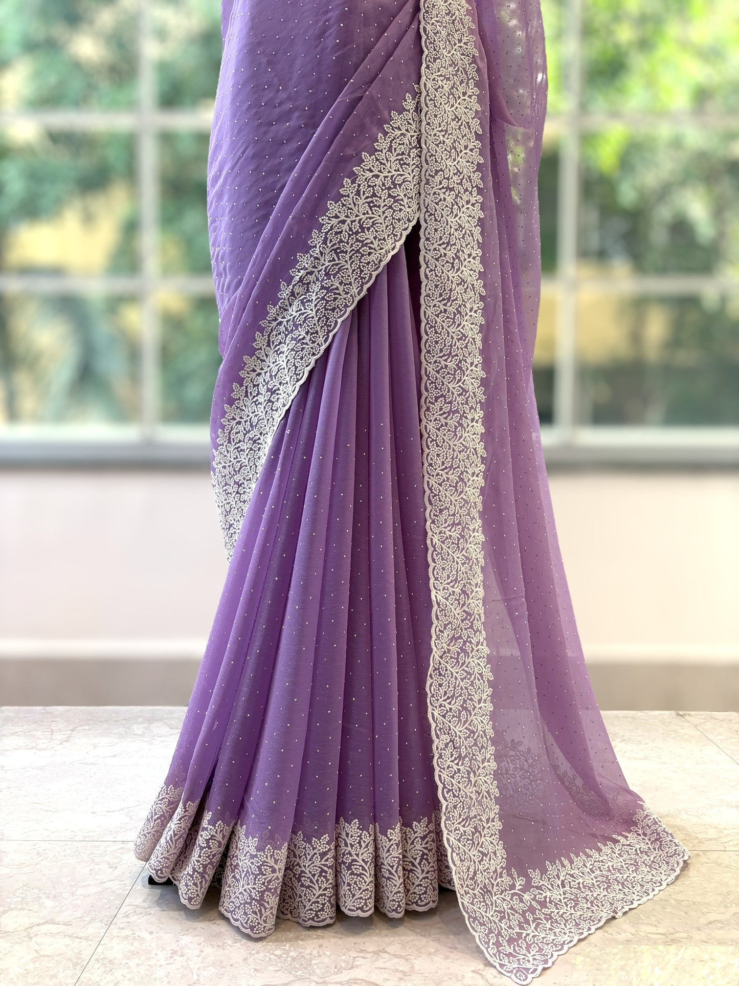 Chiffon threadwork saree - Lilac