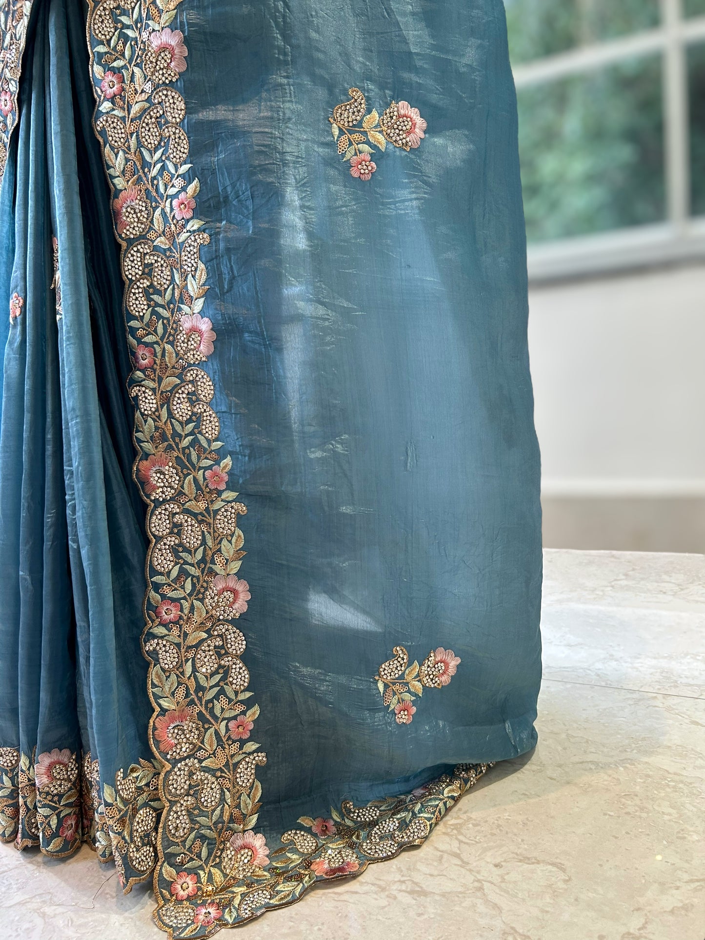 Marine blue swarovski embroidered saree