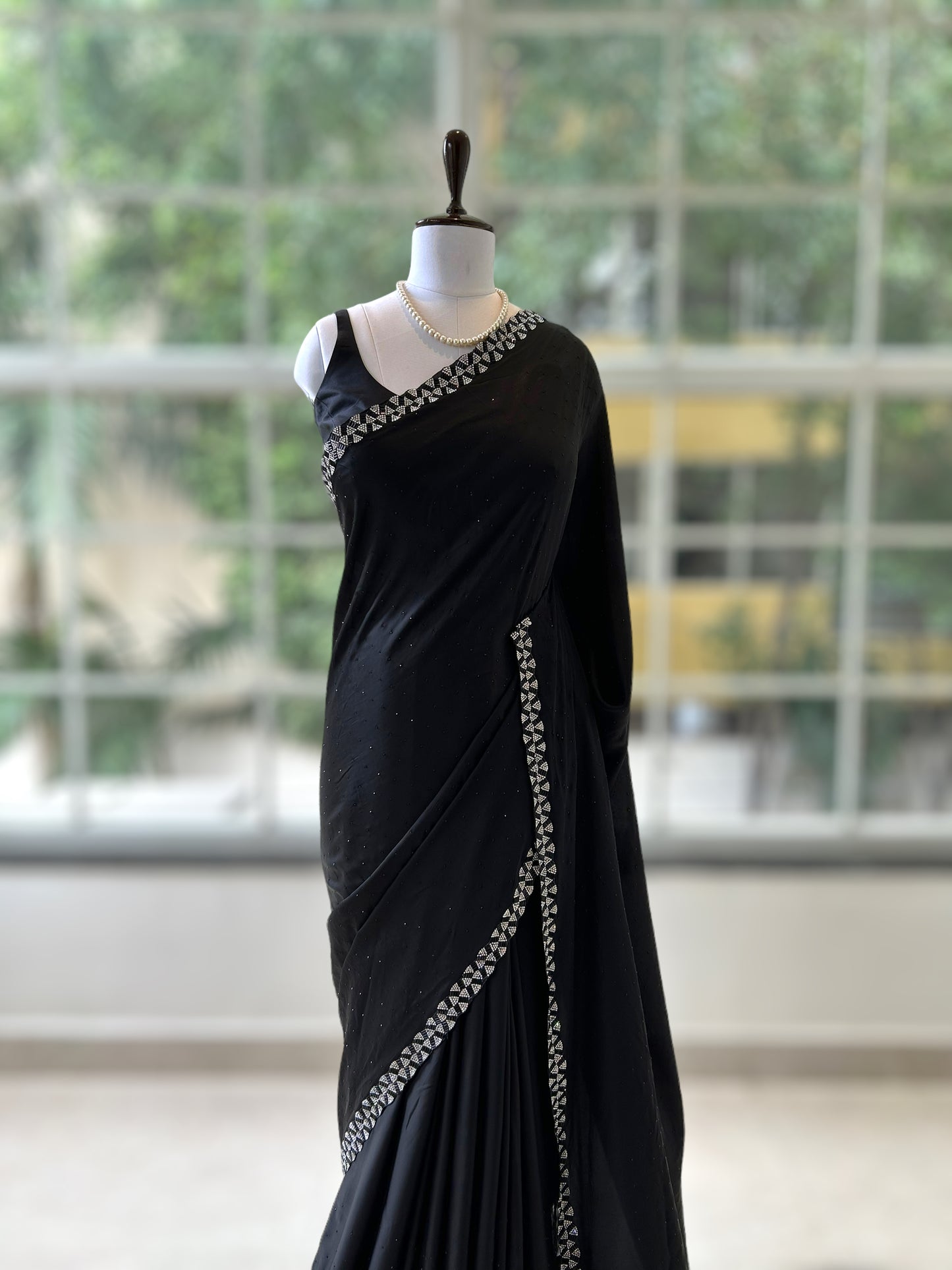 Black swarovski satin saree